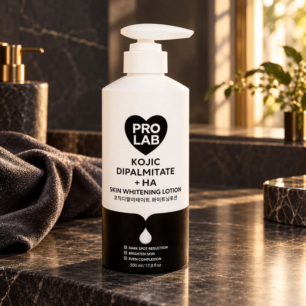 PRO LAB Kojic Dipalmitate + HA Body Lotion — product-focused studio view; props not included.