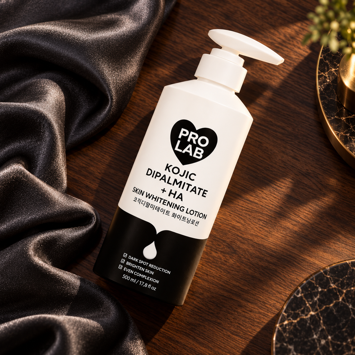 PRO LAB Kojic Dipalmitate + HA Body Lotion — closed packaging detail; props not included.