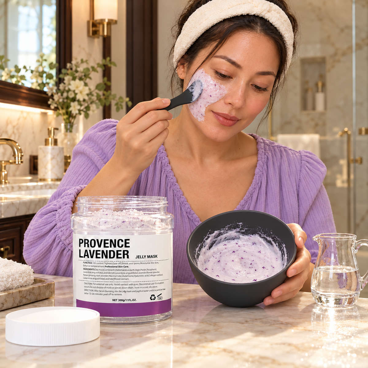 Provence Lavender 300g jelly mask — applying mask to the cheek, avoiding eyes and lips