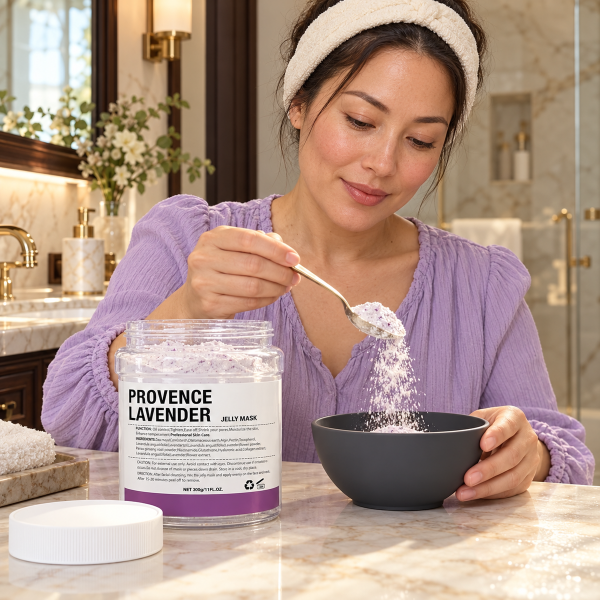 Provence Lavender 300g jelly mask — pouring dry powder into a mixing bowl