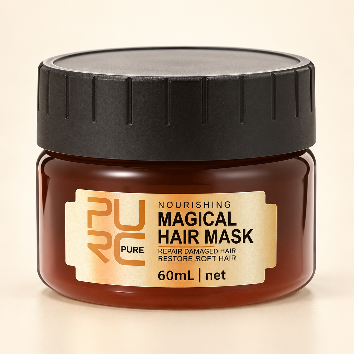 PURC hair mask, 60 ml size pictured, on a warm ivory background
