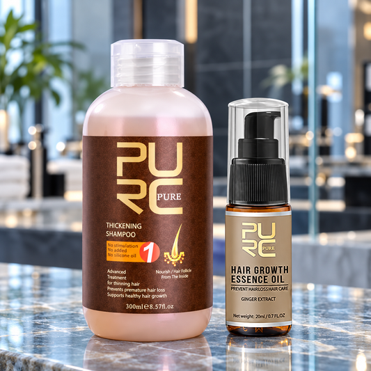 PURC Hair Care — Shampoo & Hair Oil on a polished stone salon counter