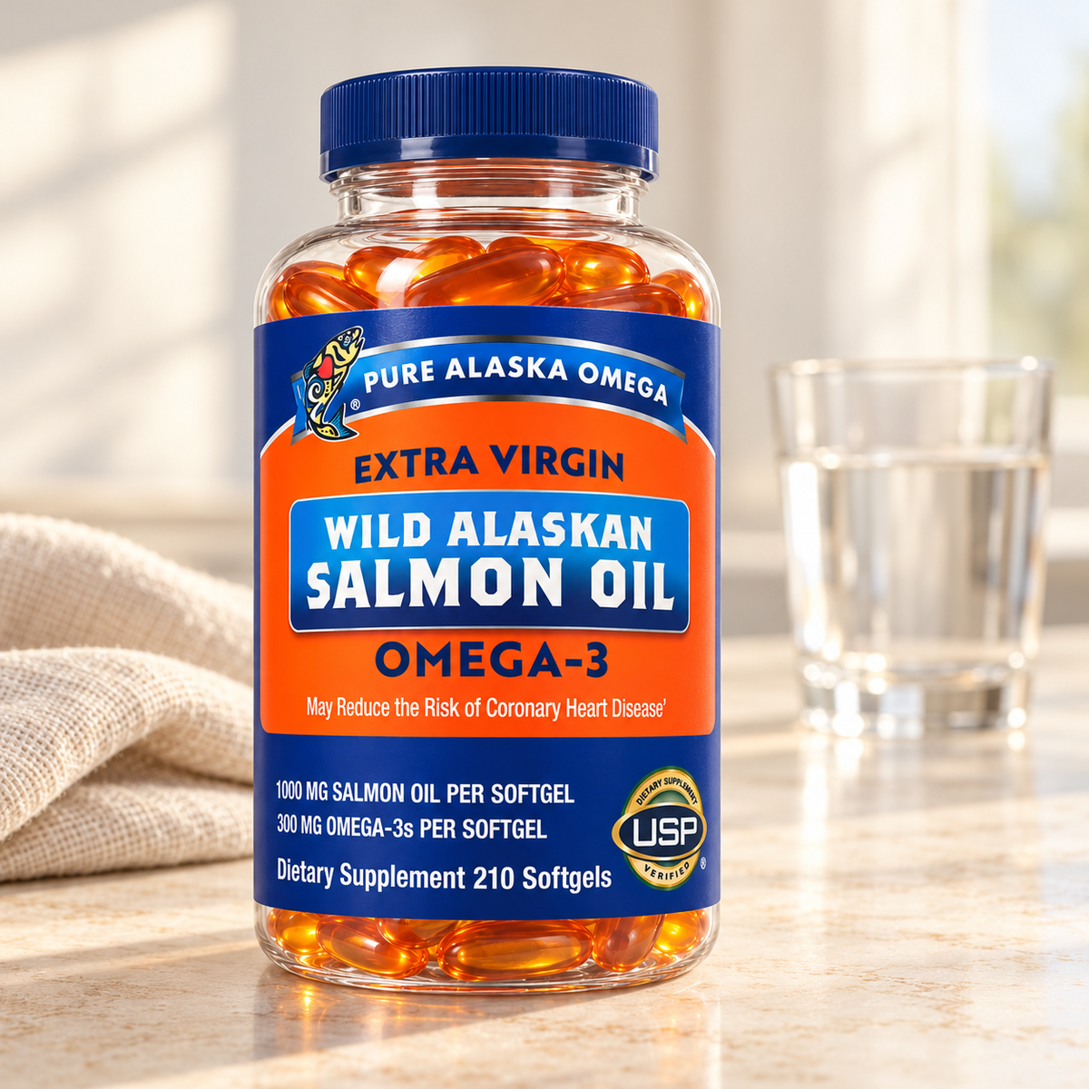 Pure Alaska Omega 210-softgel salmon oil bottle beside water and neutral linen