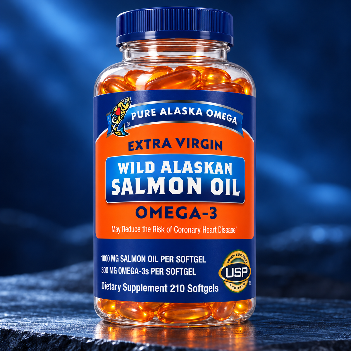 Pure Alaska Omega 210-softgel salmon oil bottle in a blue slate studio setting
