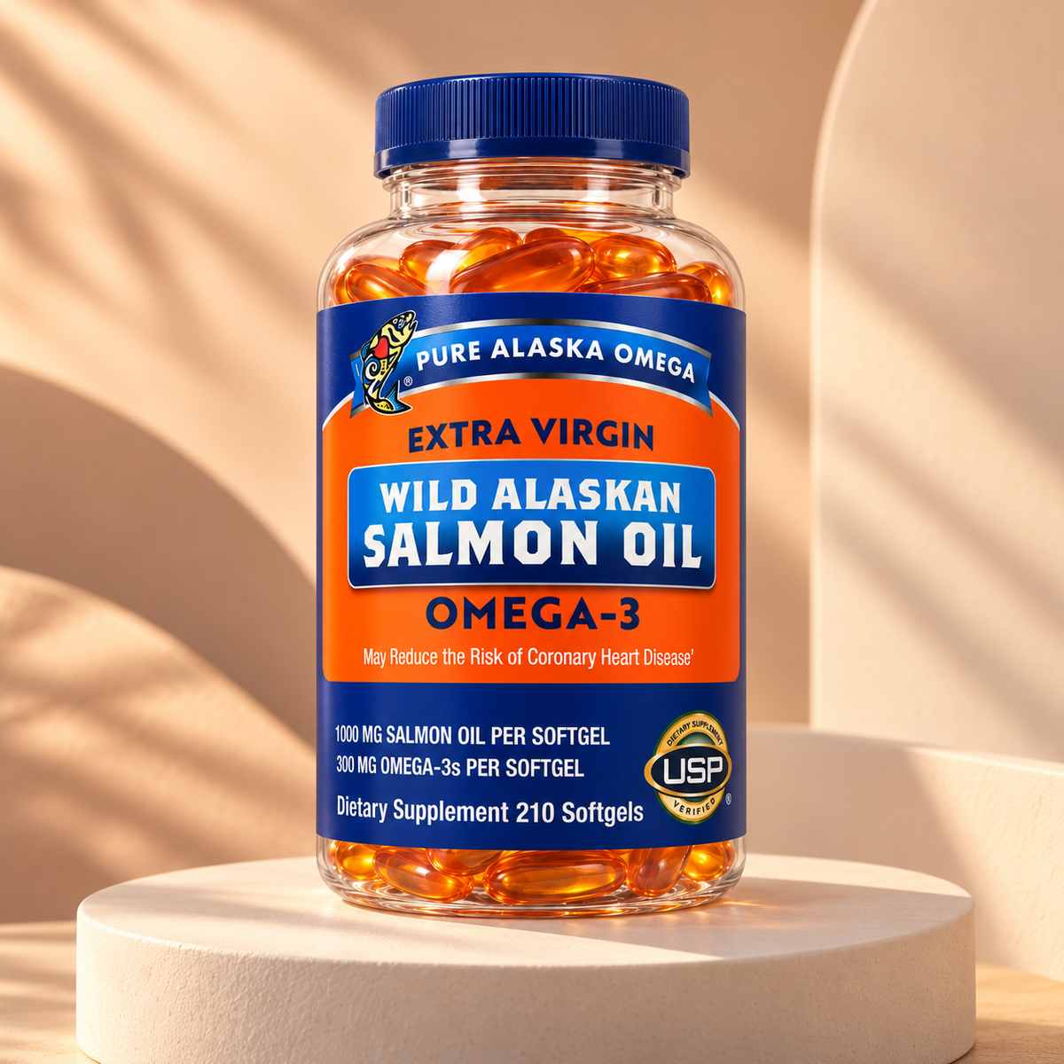 Pure Alaska Omega 210-softgel salmon oil bottle on a warm neutral pedestal
