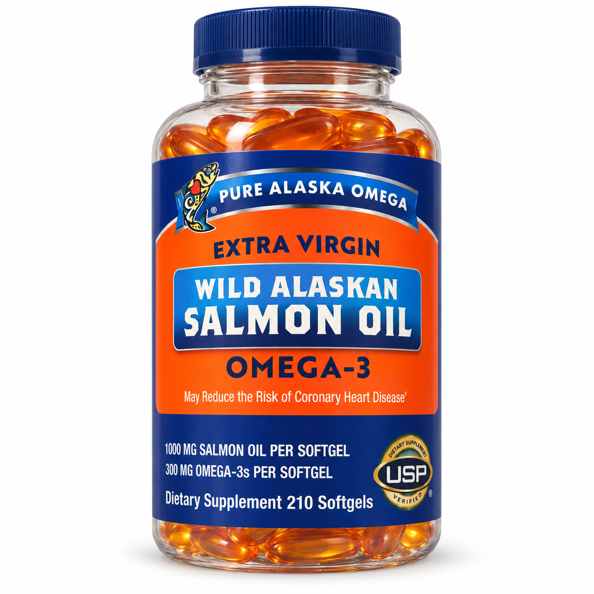 Pure Alaska Omega Extra Virgin Wild Alaskan Salmon Oil Omega-3, 210-softgel bottle on white