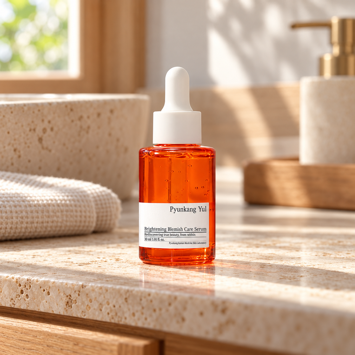 Pyunkang Yul Brightening Blemish Care Serum 30 ml bottle on home bathroom counter