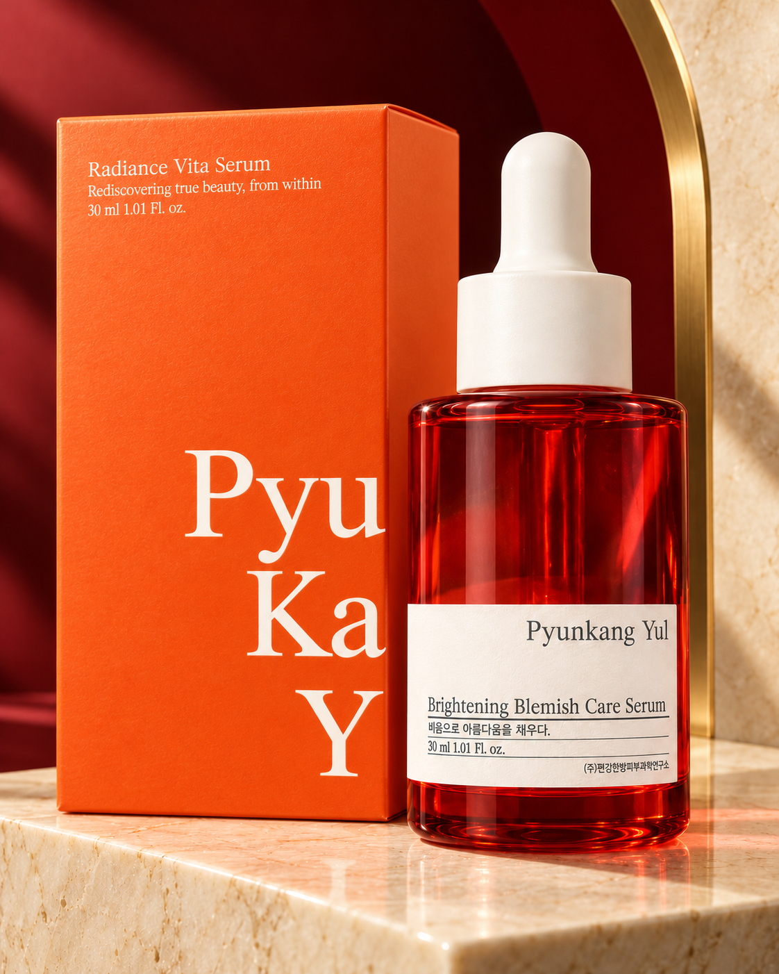 Pyunkang Yul Brightening Blemish Care Serum 30 ml with matching Radiance Vita carton