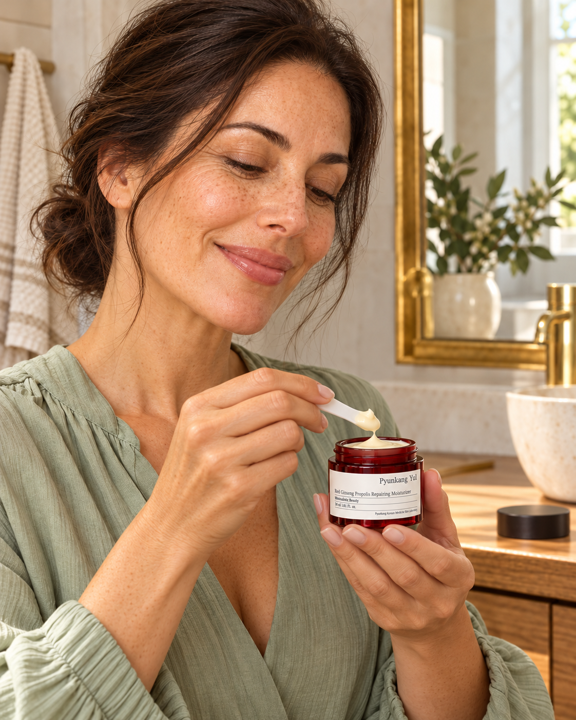 Pyunkang Yul Red Ginseng Propolis Repairing Moisturizer 30 ml — same model preparing cream with a spatula