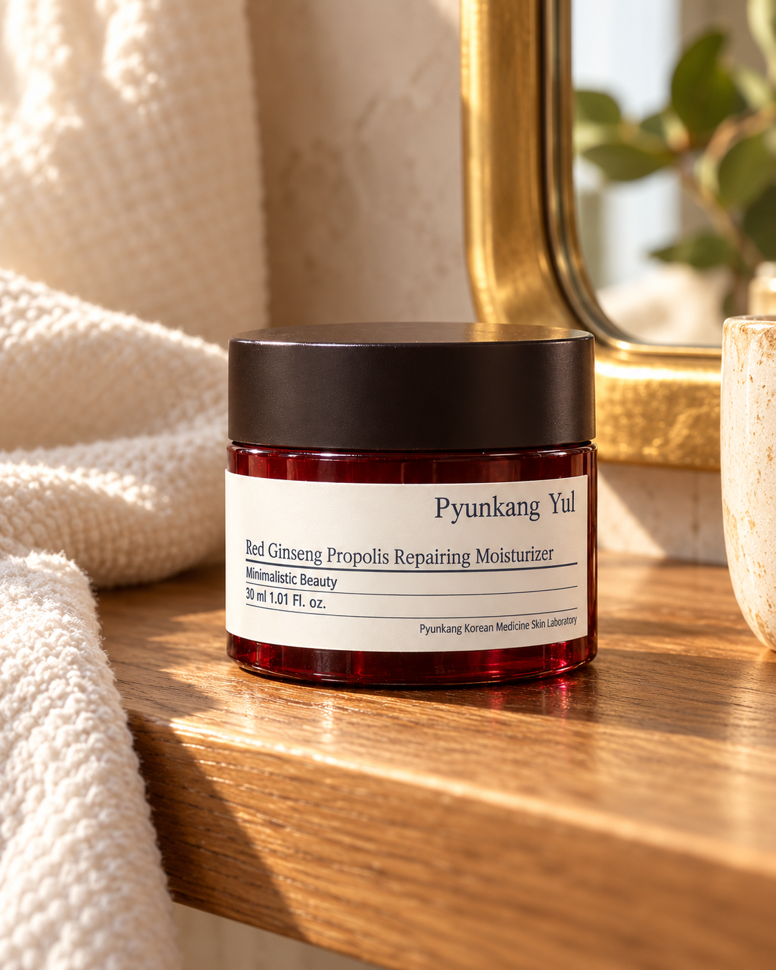 Pyunkang Yul Red Ginseng Propolis Repairing Moisturizer 30 ml — jar on home vanity