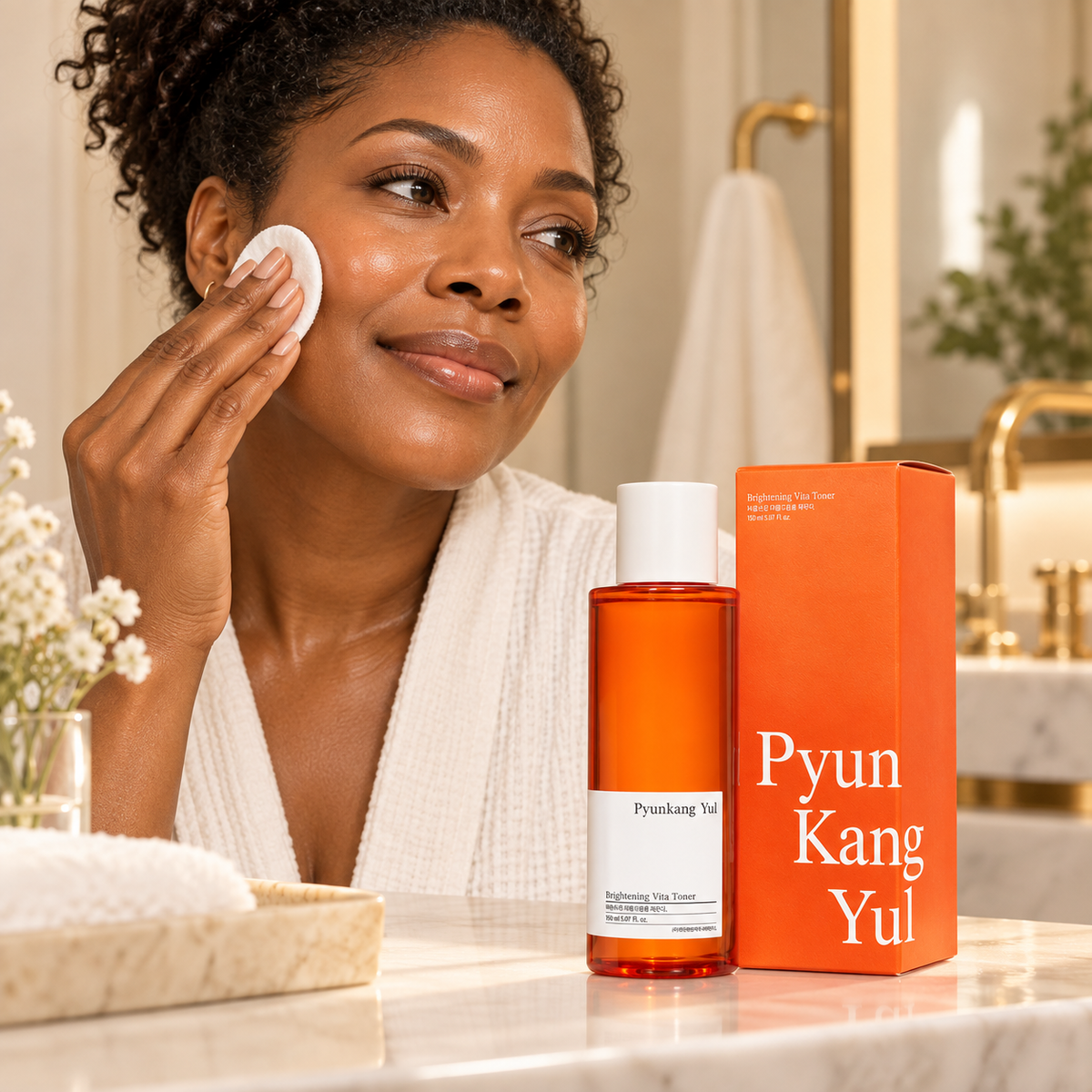 Adult woman applying toner with a cotton pad beside Pyunkang Yul bottle and carton