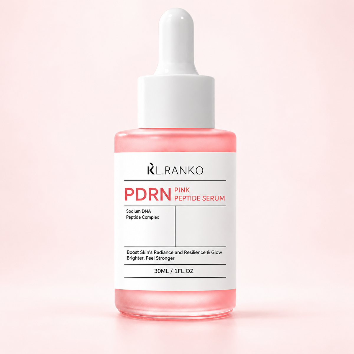 KL.RANKO PDRN Pink Peptide Serum — bottle on a clean blush background