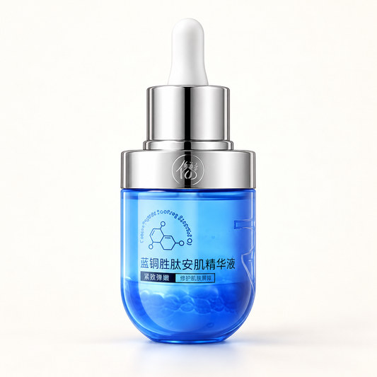 RUYI blue copper peptide essence bottle on a warm ivory background