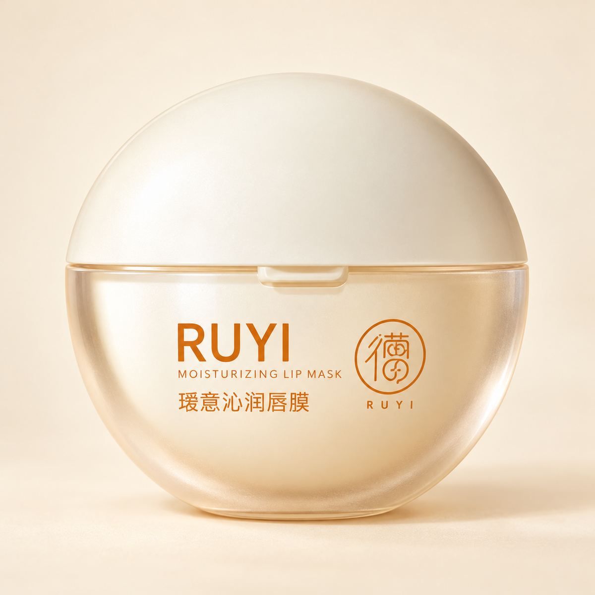RUYI moisturizing lip mask jar on a warm ivory background