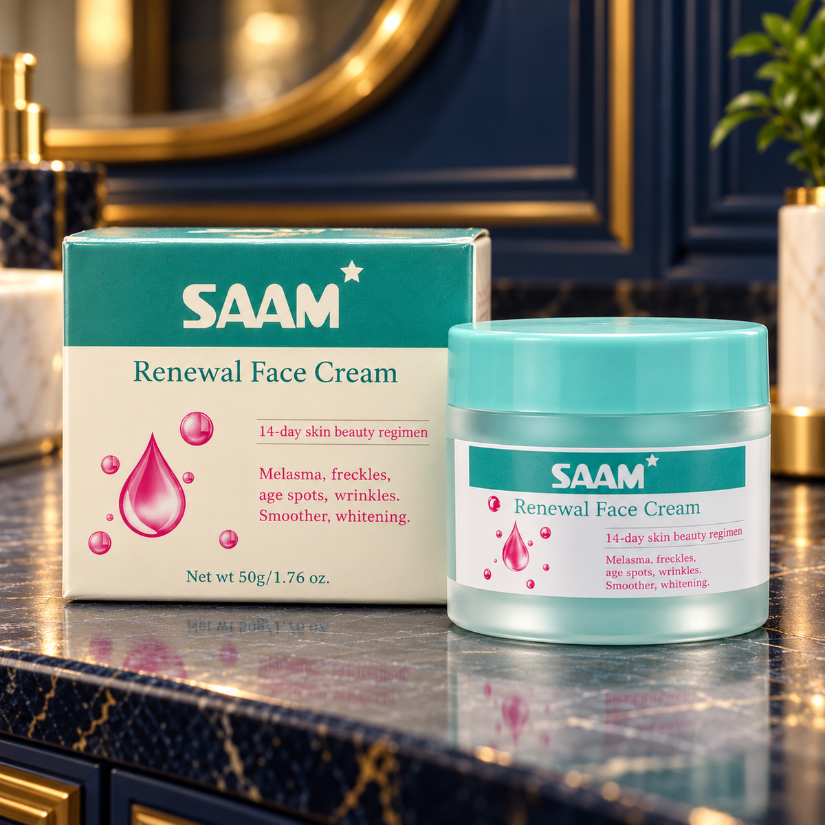 SAAM Renewal Face Cream 50 g closed jar beside its original carton on a home vanity