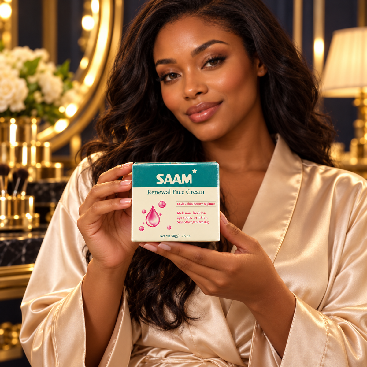 Adult woman presenting the original sealed SAAM Renewal Face Cream 50 g carton in her hands at a navy-and-gold home vanity.