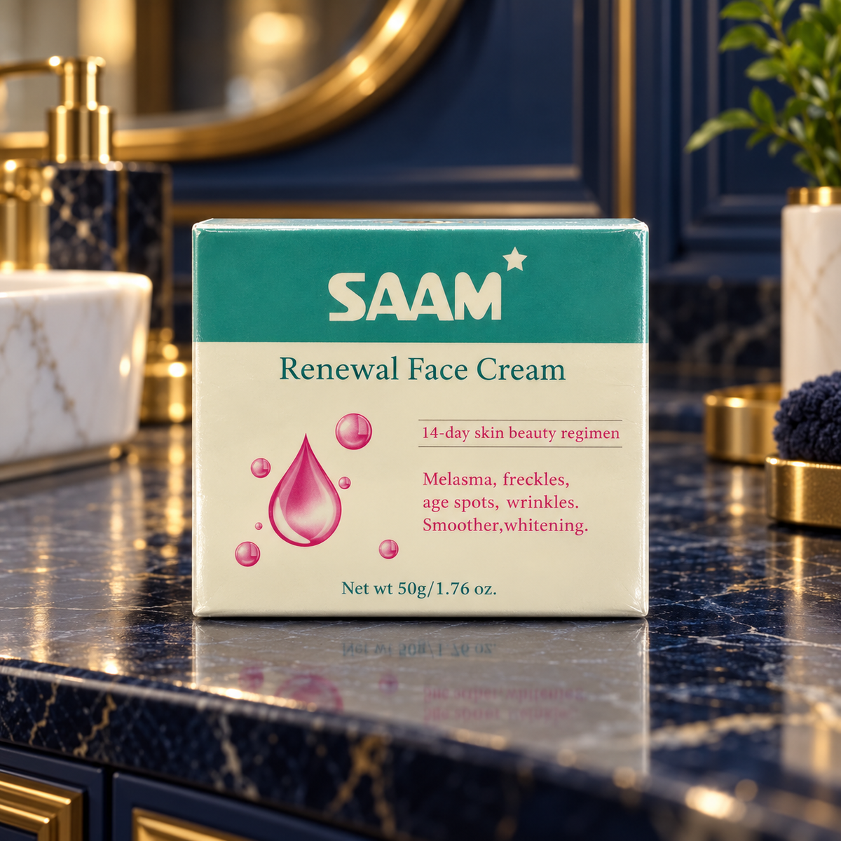 SAAM Renewal Face Cream 50 g — sealed carton luxury product portrait