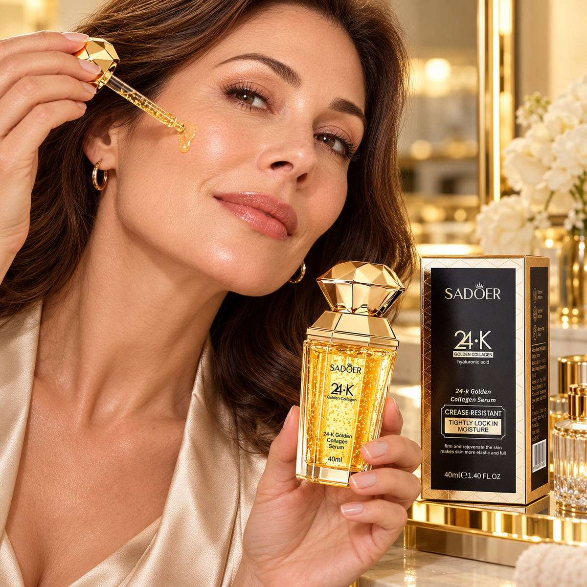American brunette woman applying SADOER 24K Golden Collagen Serum 40 ml
