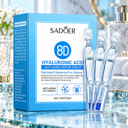 SADOER 8D Hyaluronic Acid serum — box of 15 × 1.5 ml, with three ampoules displayed