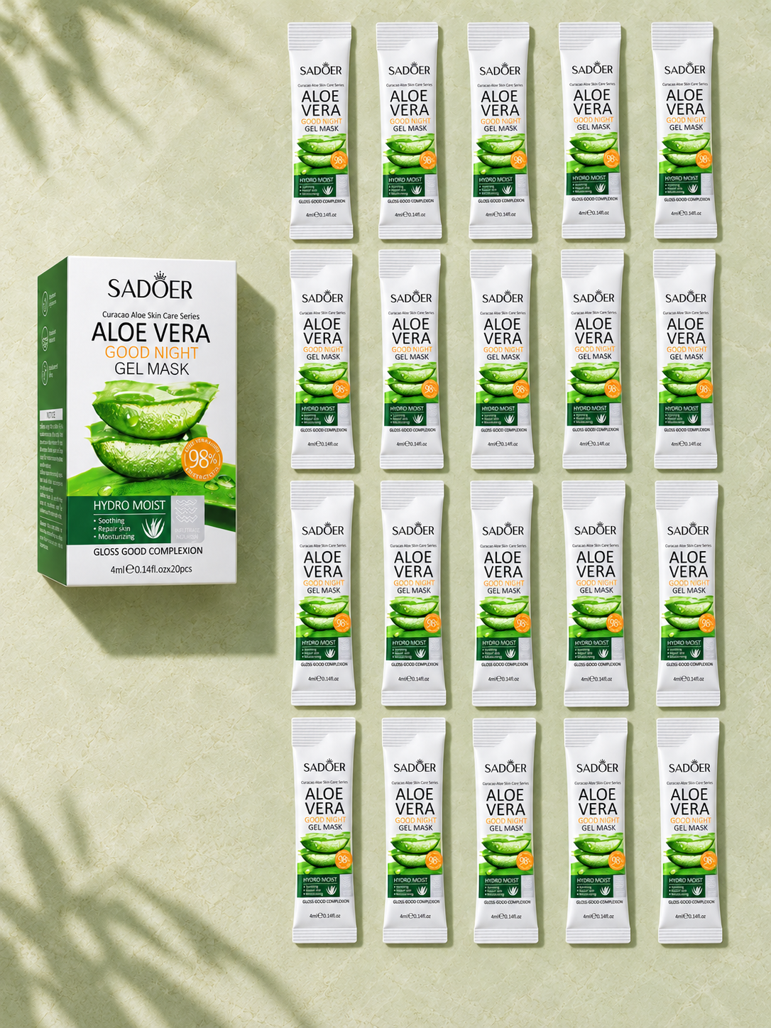 SADOER Aloe overnight masks — twenty sachets with matching carton