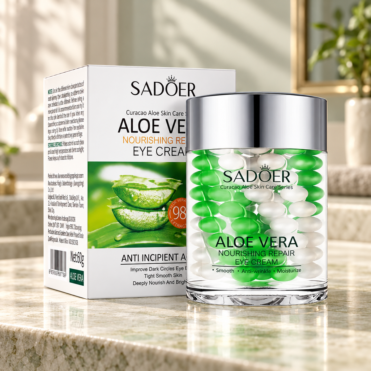 SADOER Aloe Vera Nourishing Repair Eye Cream — matching jar and carton