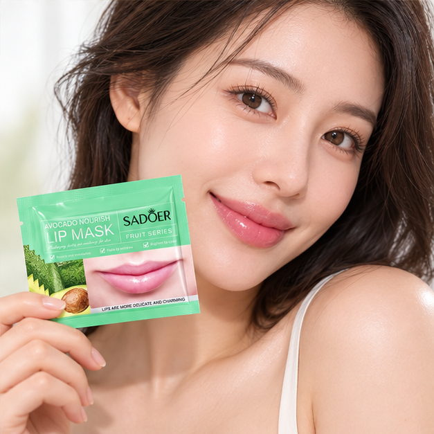 SADOER Avocado lip masks — single packet shown with model