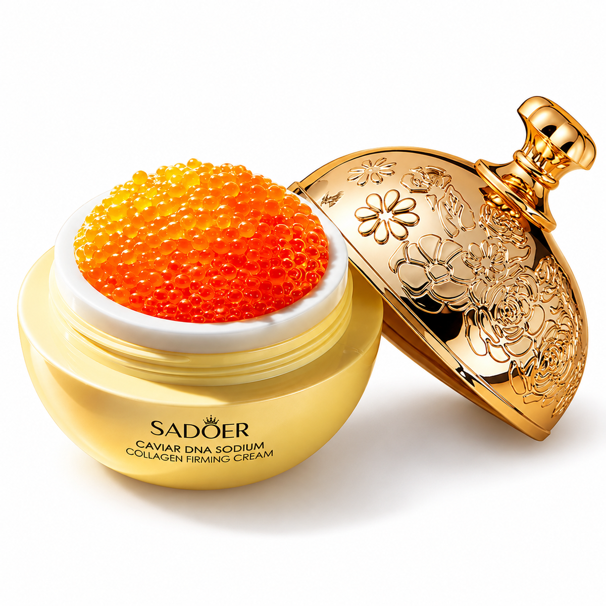 SADOER Caviar DNA Sodium Collagen Firming Cream — open jar and lid showing orange capsule texture