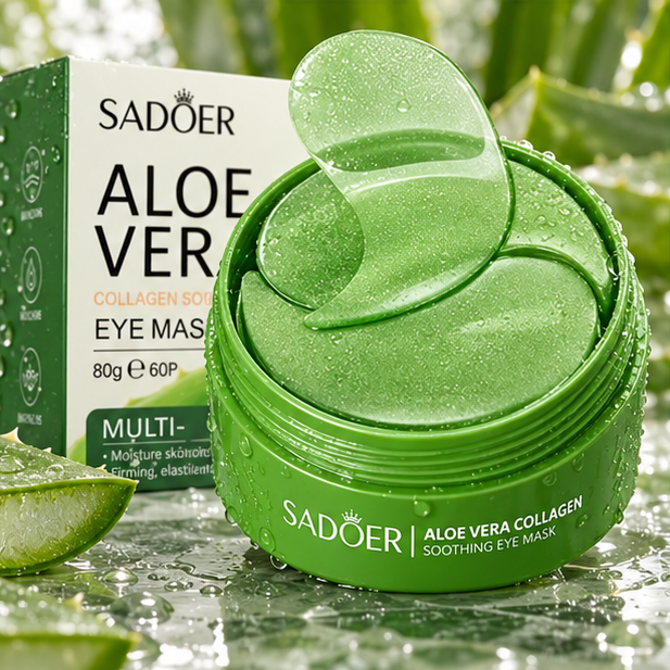 SADOER Aloe Vera Collagen Soothing Eye Mask — 80 g, 60 Patches — front package close-up