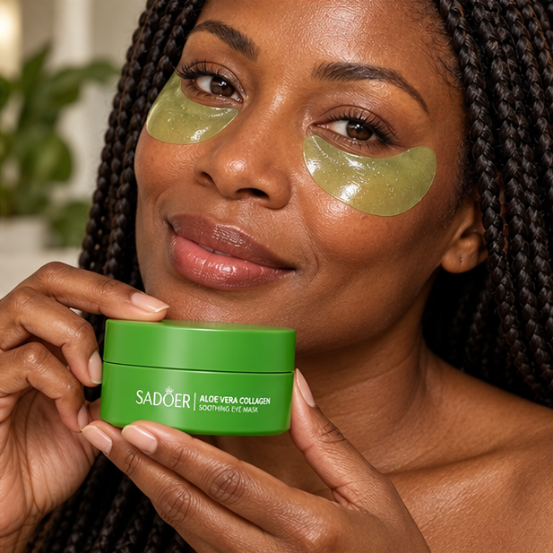 SADOER Aloe Vera Collagen Soothing Eye Mask — 80 g, 60 Patches — adult model using product
