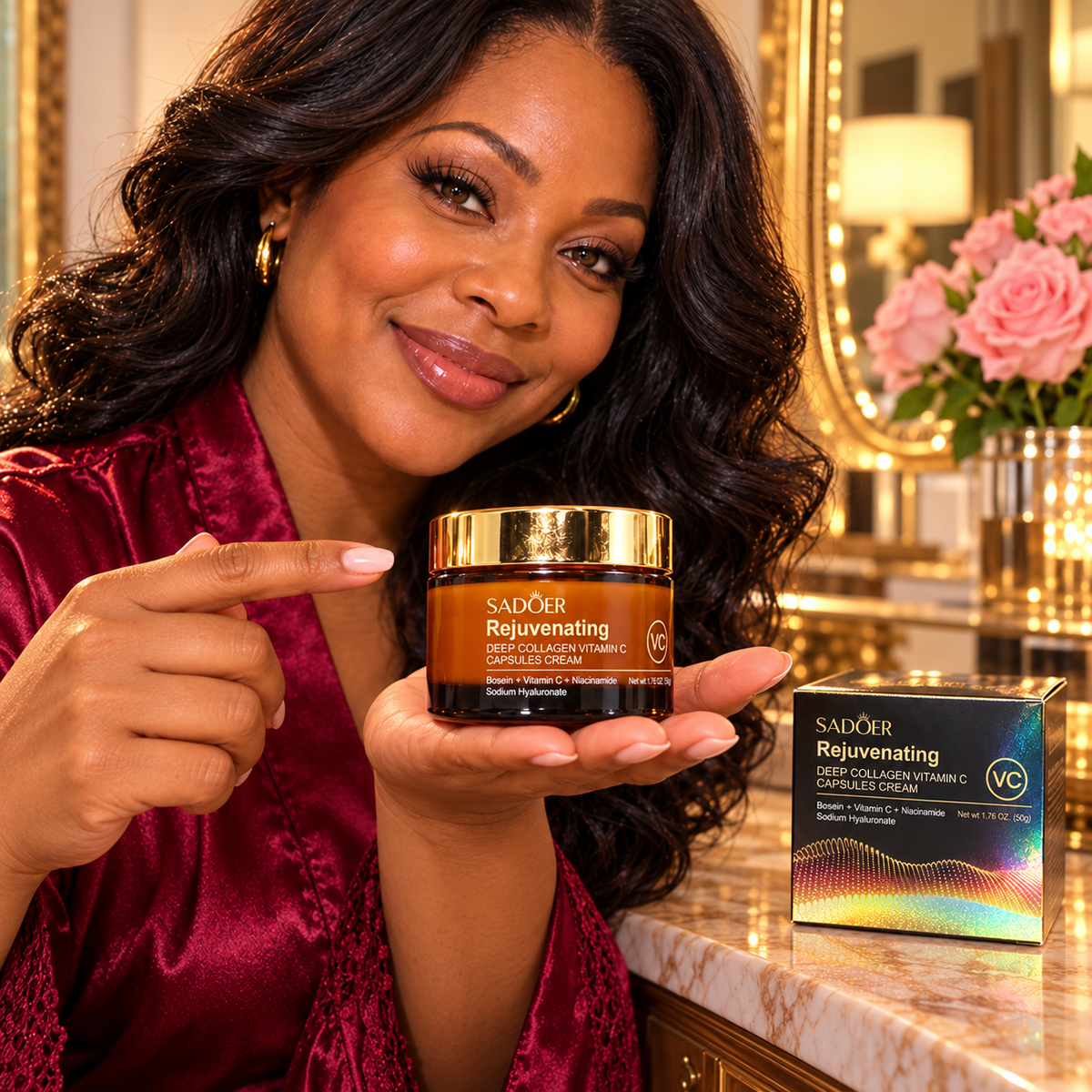 SADOER collagen vitamin C capsules cream 50 g jar and box presented at a home vanity