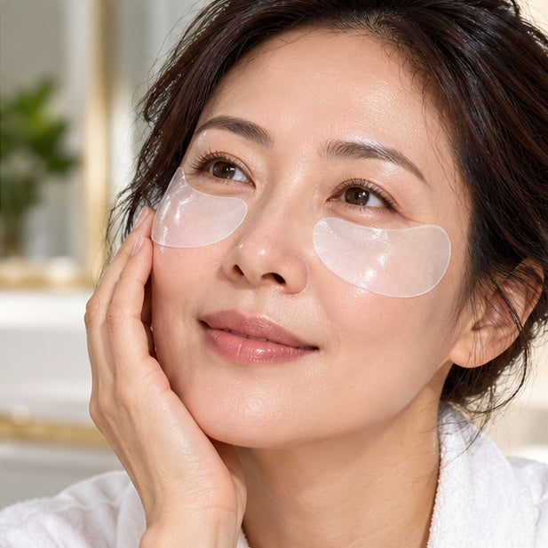 SADOER Pearl Rejuvenating Soft Eye Masks — 5 Sachets — illustrative adult model using the product