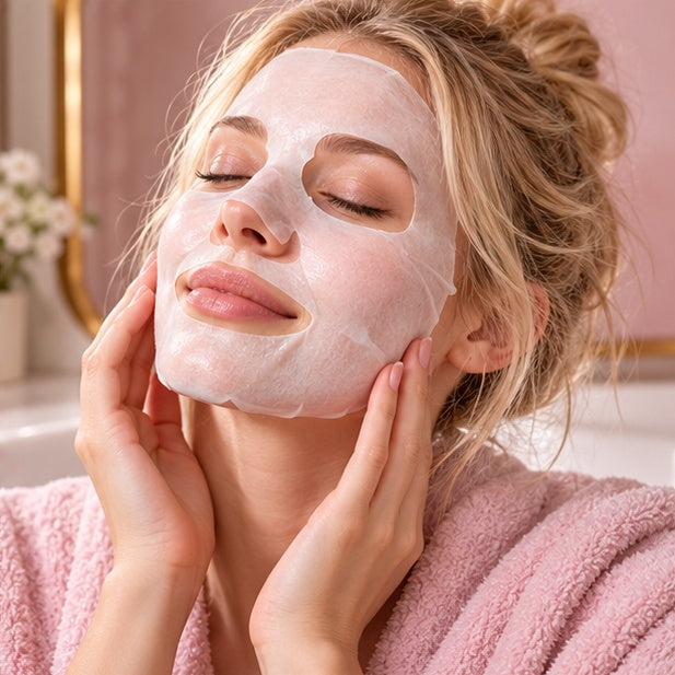 SADOER Pink Aloe Soothing Moisturizing Facial Masks — 5 × 25 ml — illustrative adult model using the product