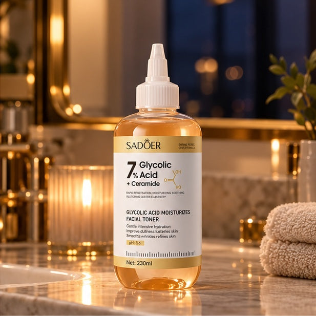 SADOER 7% Glycolic Acid + Ceramide Facial Toner — 230 ml — bathroom setting