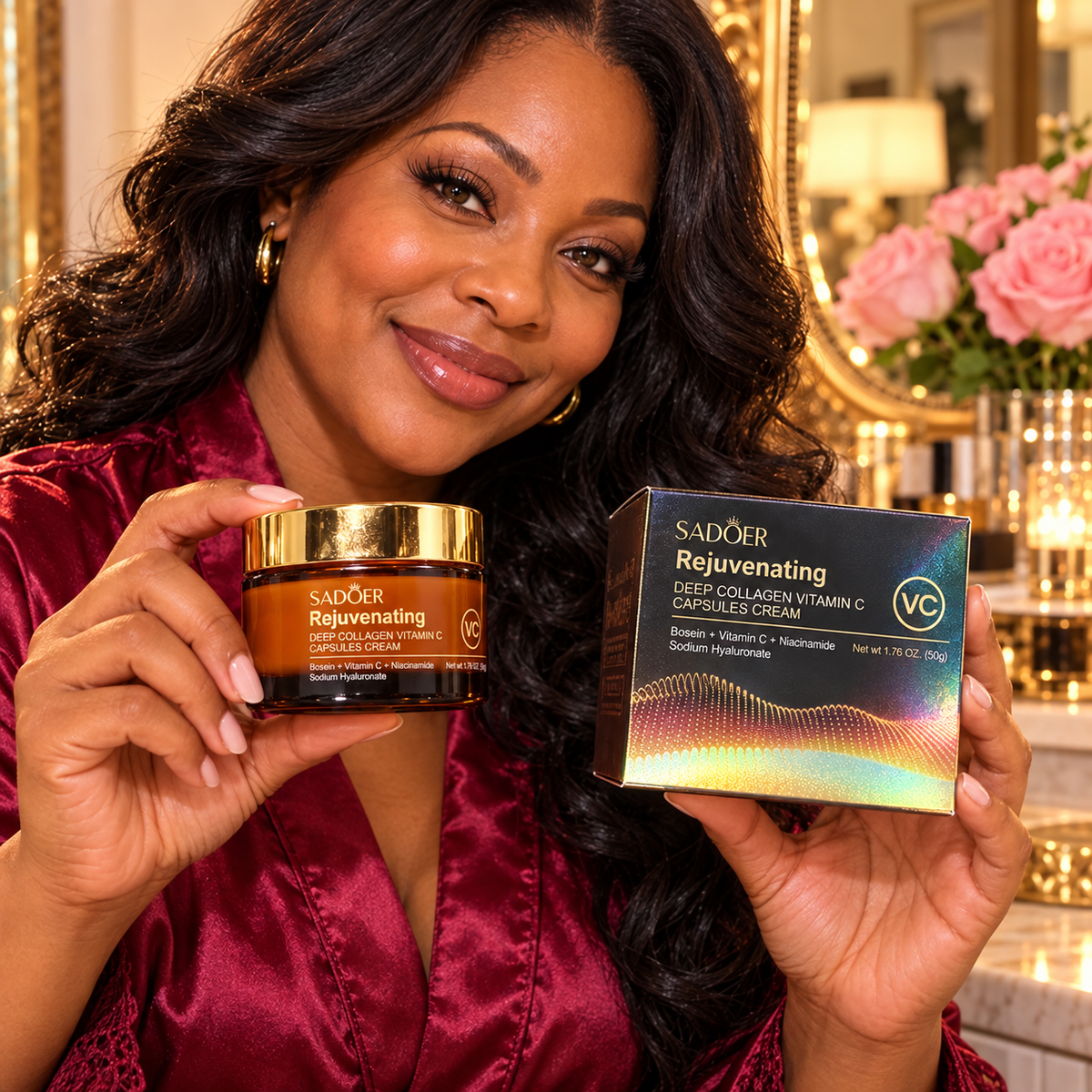SADOER collagen vitamin C capsules cream 50 g jar and box presented at a home vanity