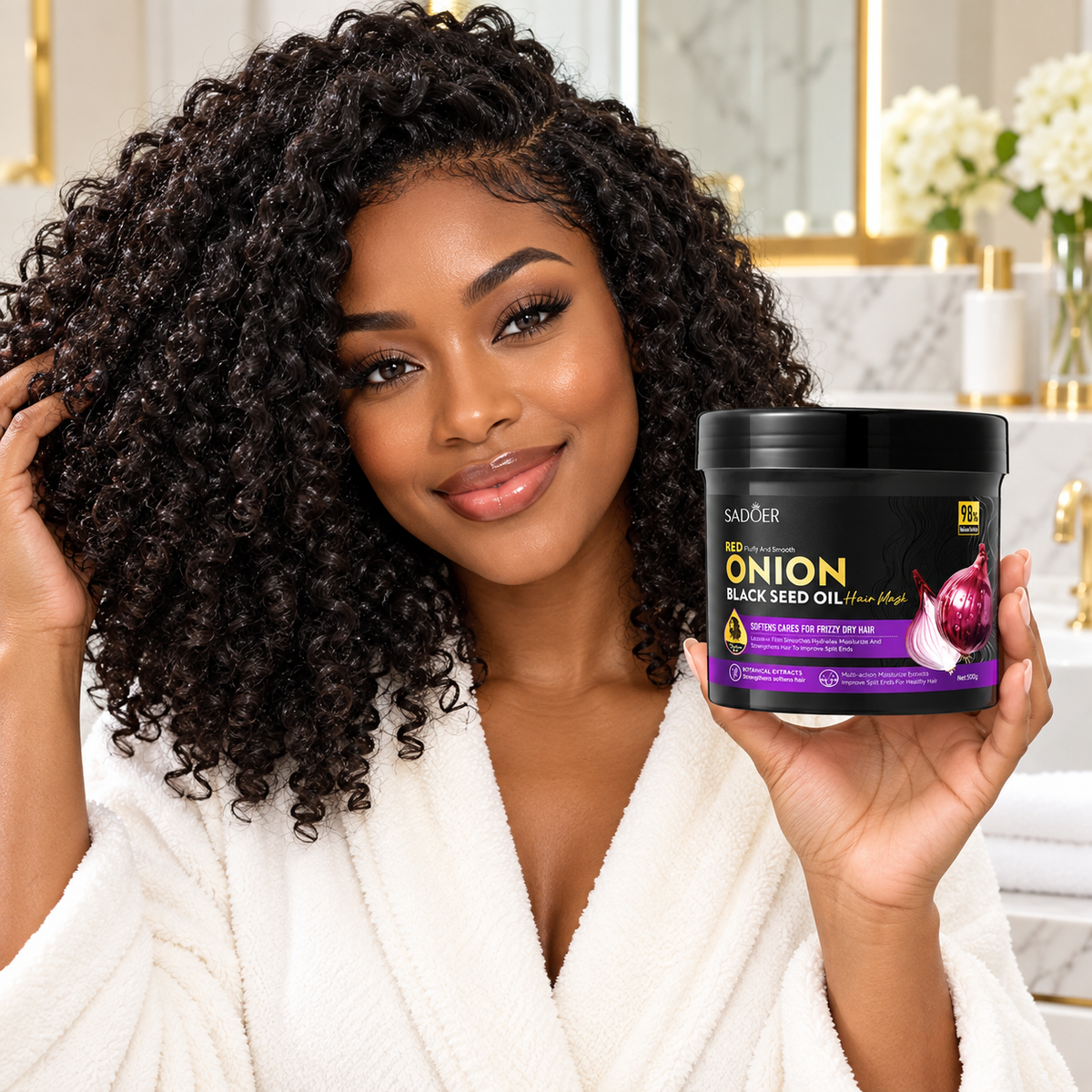 SADOER Onion Black Seed Hair Mask with an adult woman