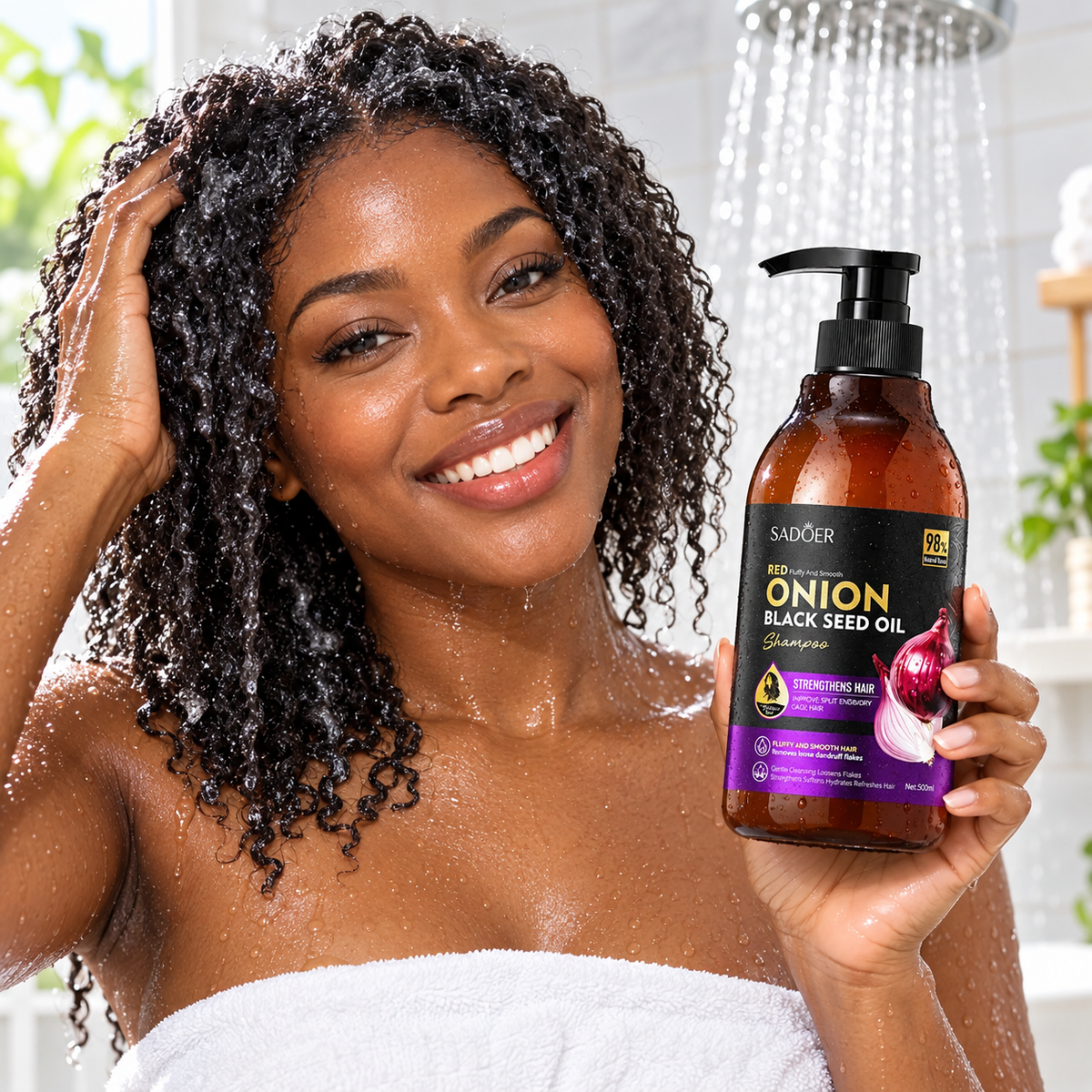 SADOER Onion Black Seed Shampoo with an adult woman washing her hair