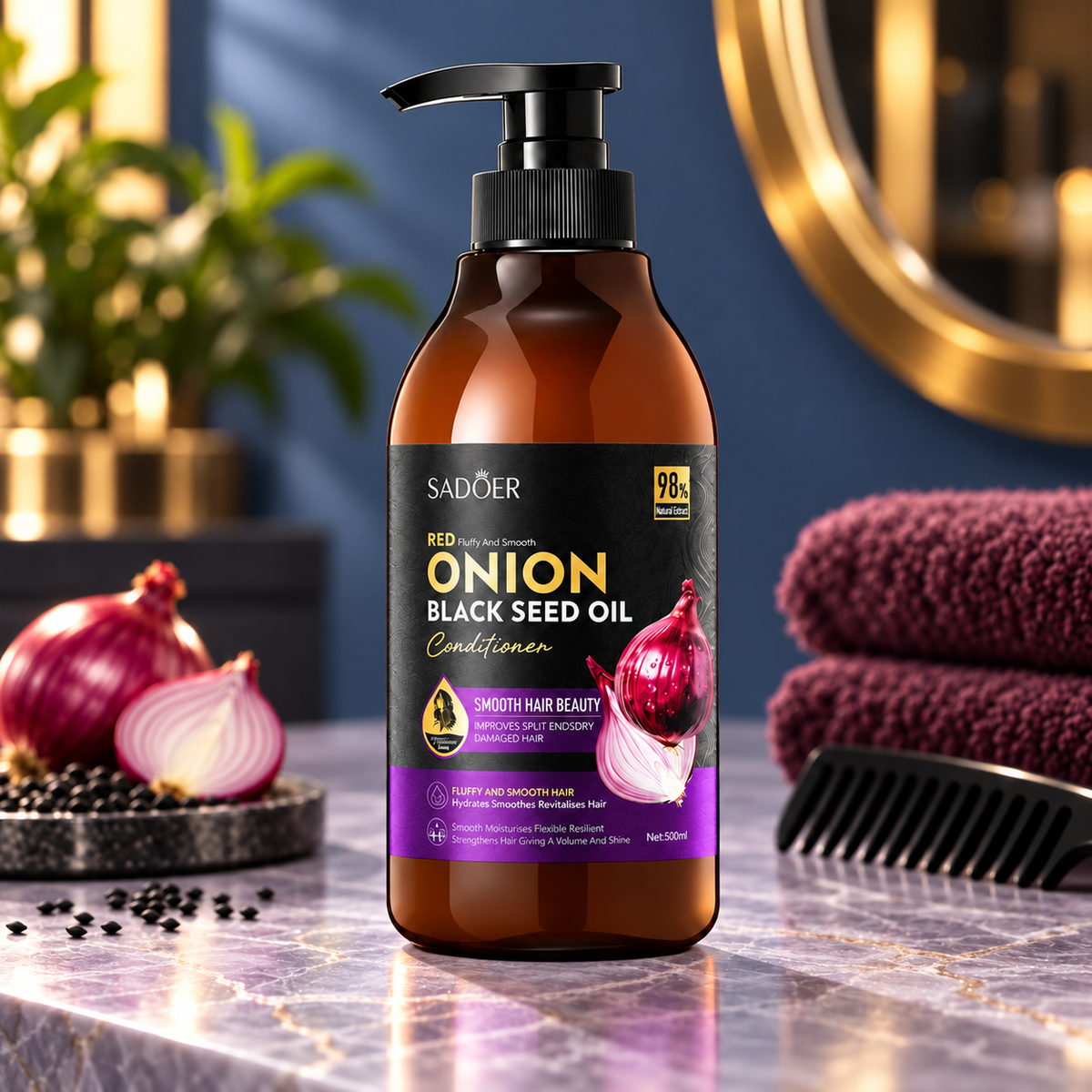 SADOER Onion Black Seed Oil conditioner 500 ml in a luxury stone salon setting