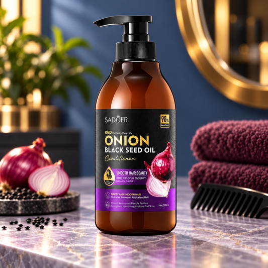 SADOER Onion Black Seed Oil conditioner 500 ml in a luxury stone salon setting