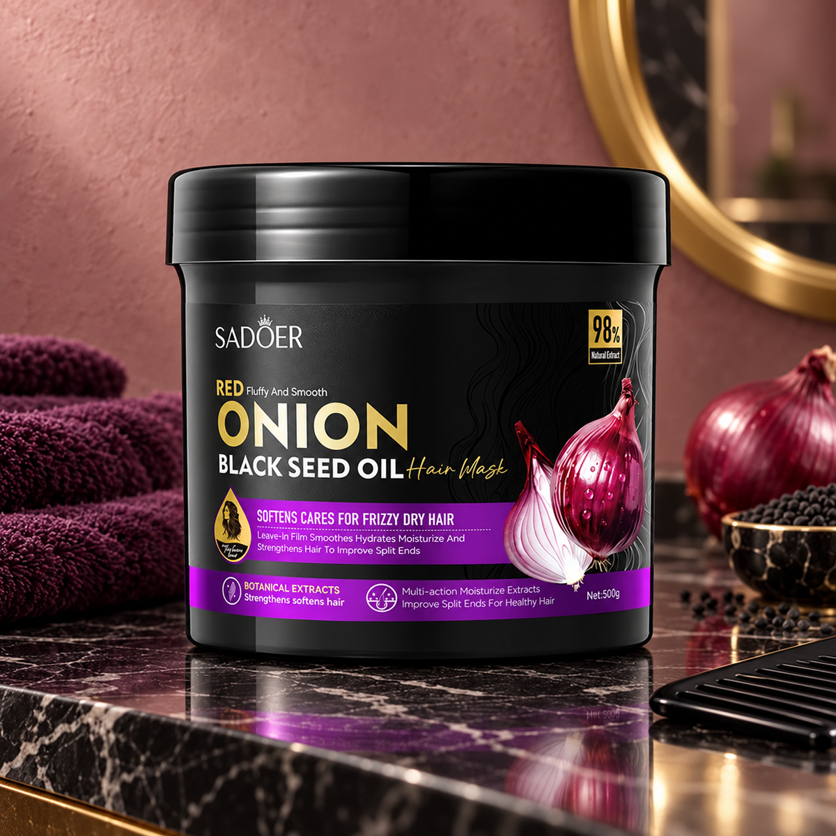 SADOER Onion Black Seed Oil Hair Mask 500 g on black marble salon vanity