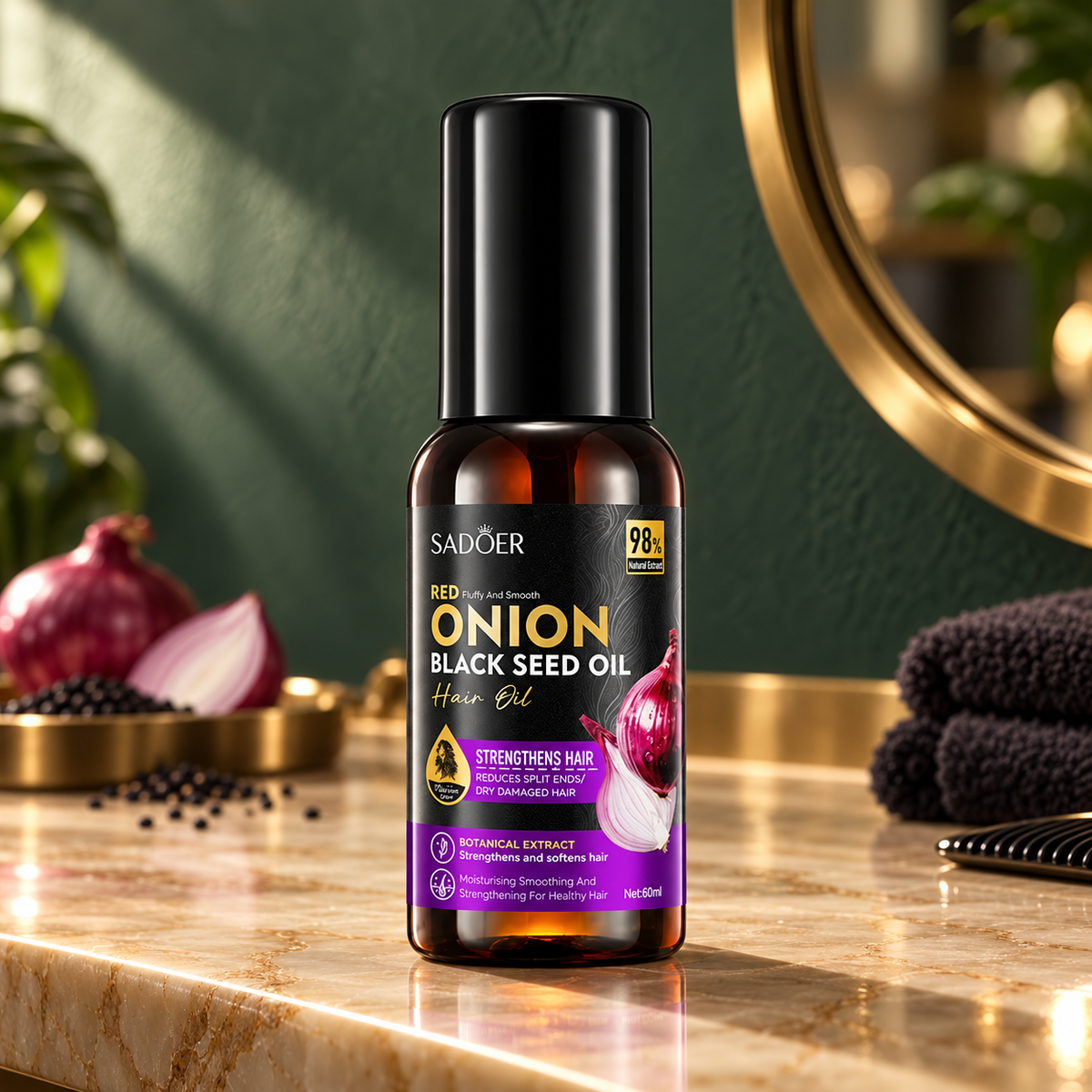 SADOER Onion Black Seed Hair Oil 60 ml on champagne onyx salon vanity