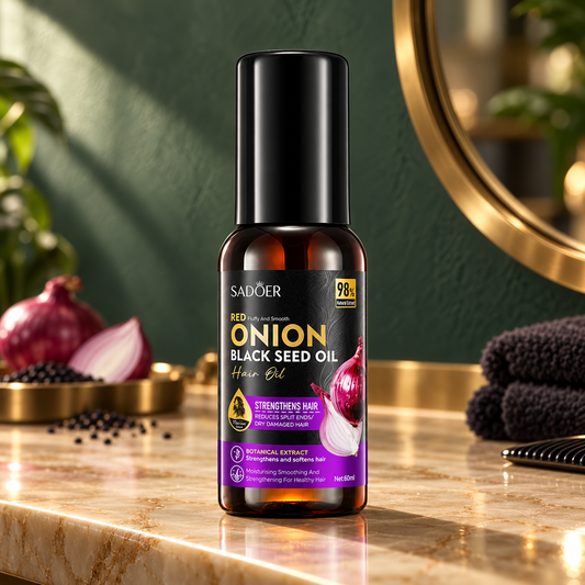 SADOER Onion Black Seed Hair Oil 60 ml on champagne onyx salon vanity