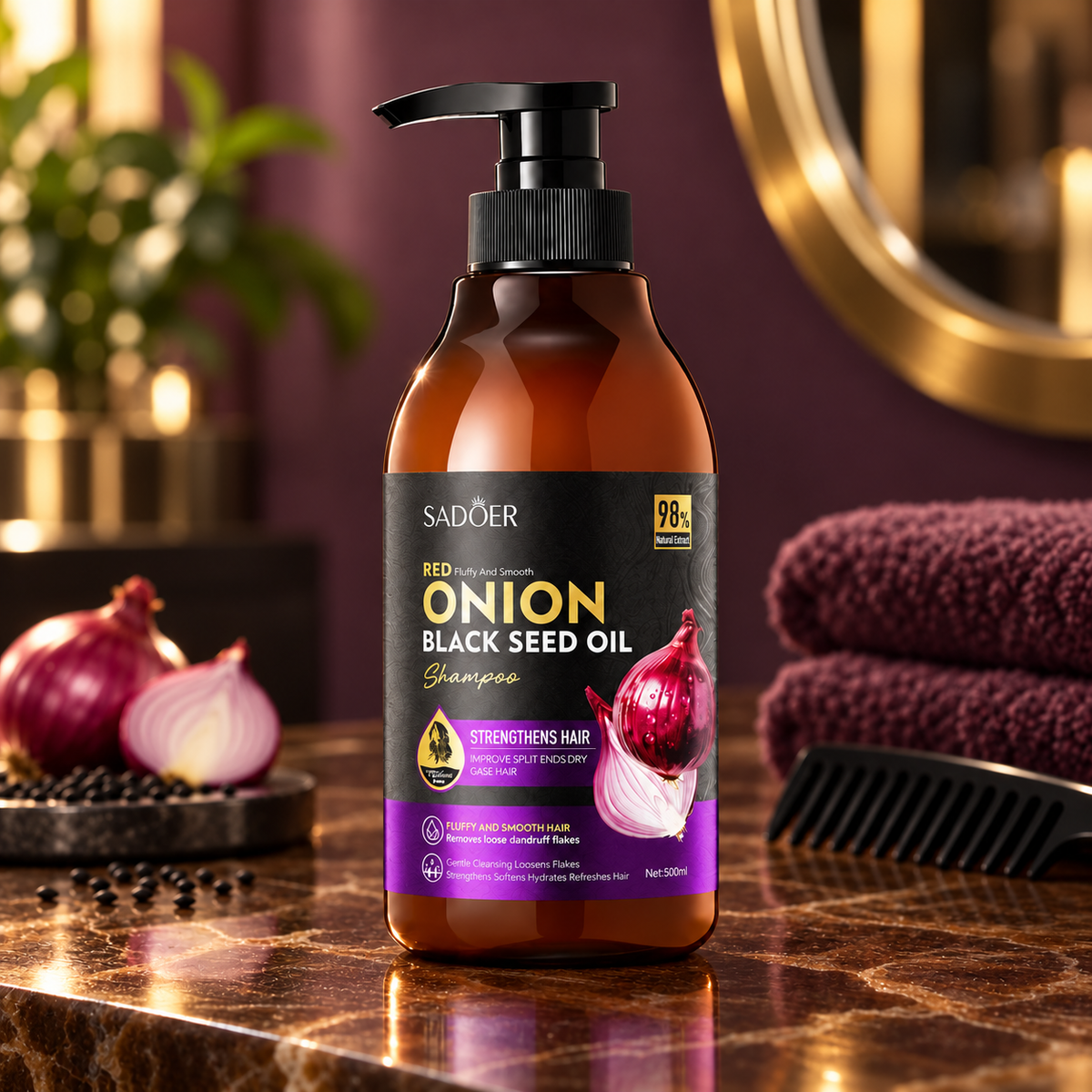 SADOER Onion Black Seed Oil shampoo 500 ml in a luxury stone salon setting