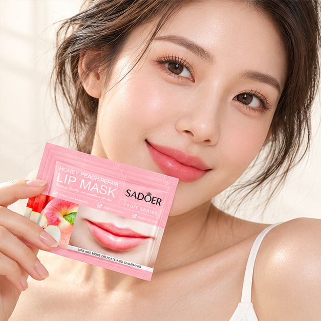 SADOER Honey Peach lip masks — single packet shown with model