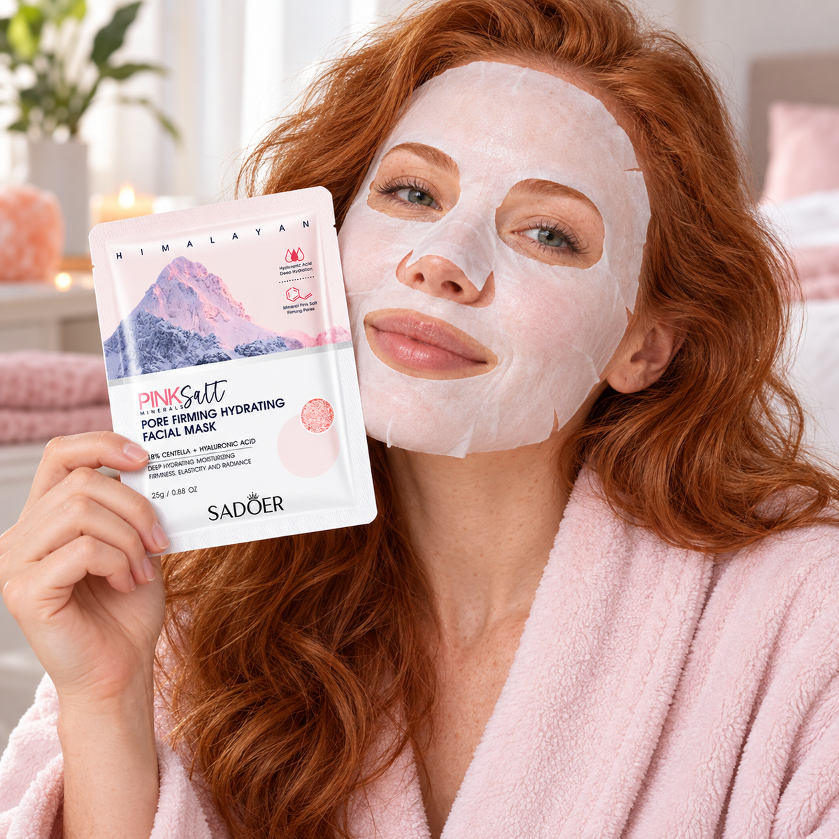 Red-haired woman wearing SADOER Himalayan Pink Salt facial mask