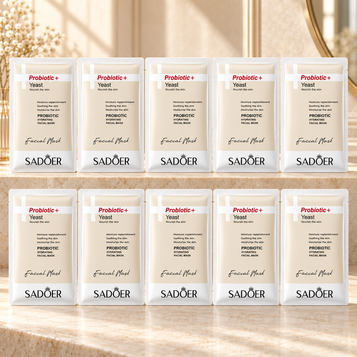 SADOER Probiotic Hydrating Facial Masks — 10 × 20 g — product presentation