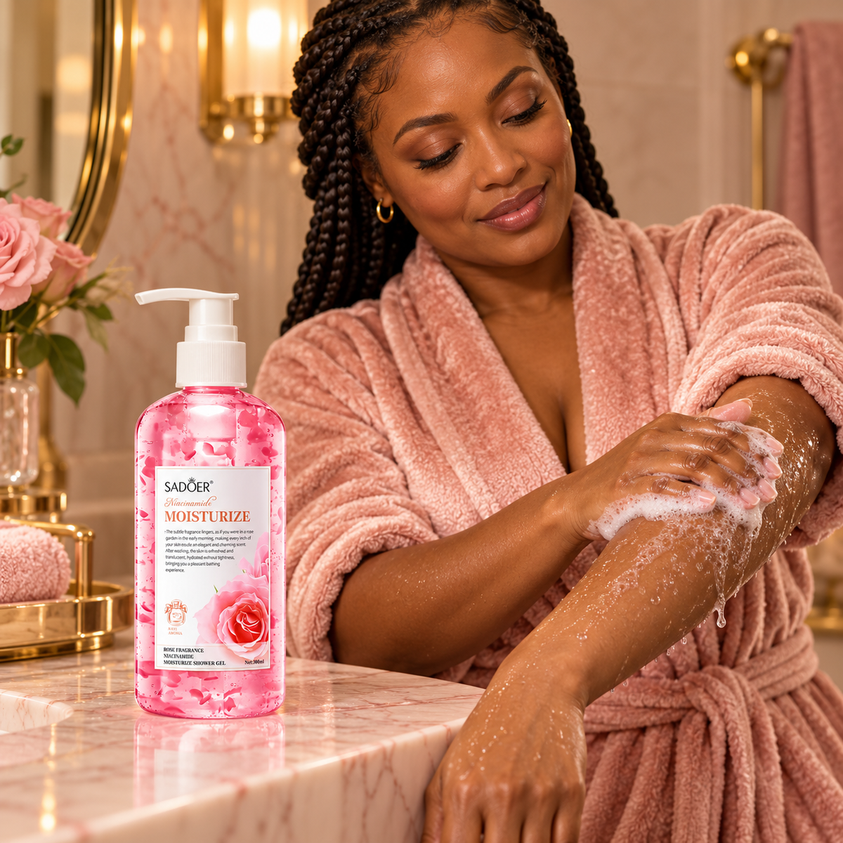 Adult woman washing her forearm with SADOER Rose Niacinamide Shower Gel