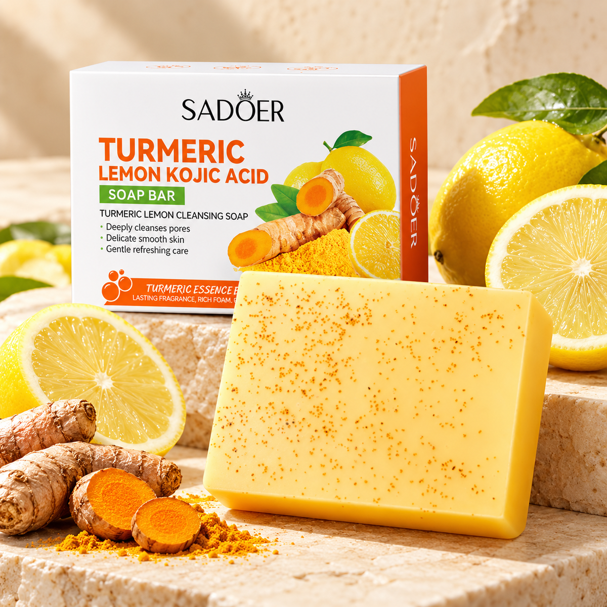 SADOER Turmeric Lemon Kojic Acid Soap Bar still life