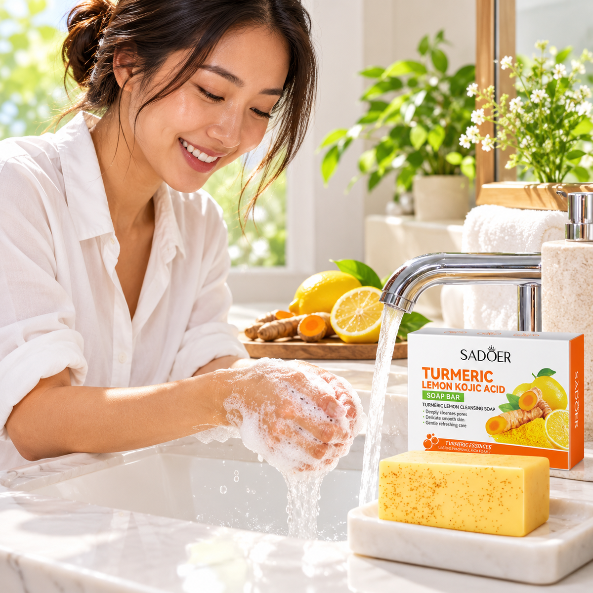 Japanese-American woman washing hands with SADOER Turmeric Lemon Kojic Acid Soap