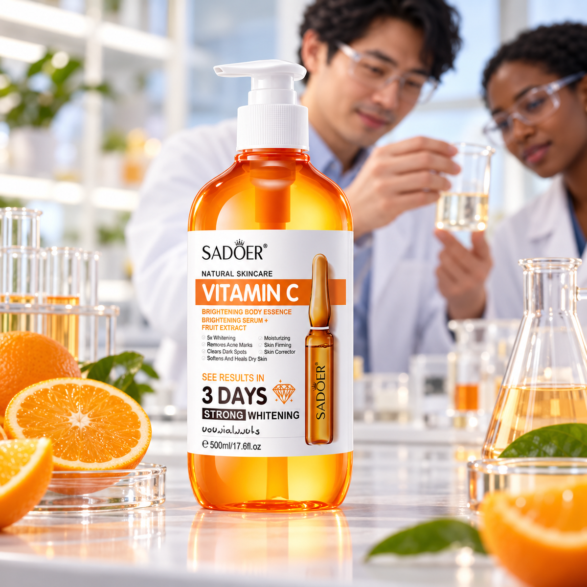 SADOER Vitamin C body serum in illustrative cosmetic laboratory scene