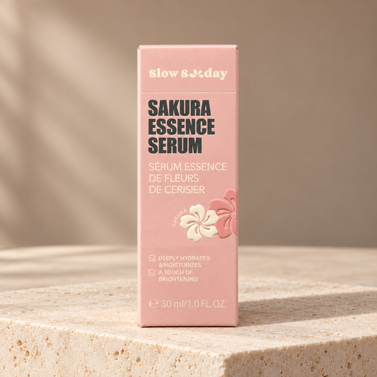 Slow Sunday Sakura Essence Serum, 30 ml carton on a clean studio background